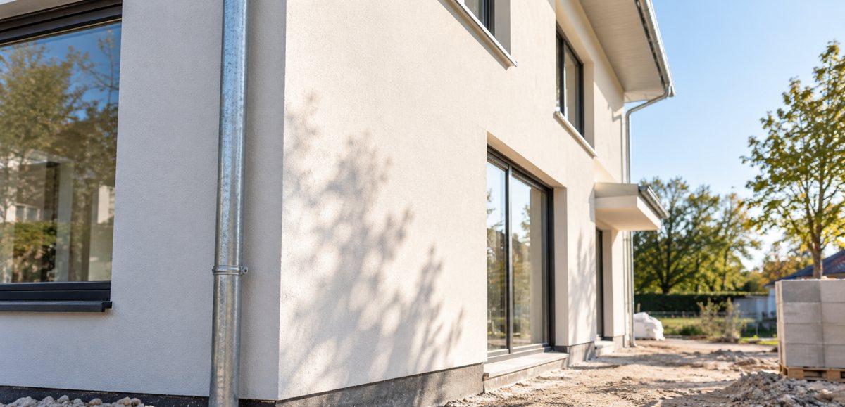 Frisch verputzte Fassade eines Neubaus von Hoffmann Bau