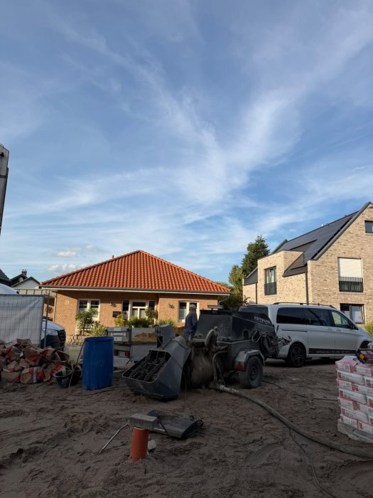 Hoffmann-Bau-Fahrzeug und Estrichpumpe auf der Baustelle